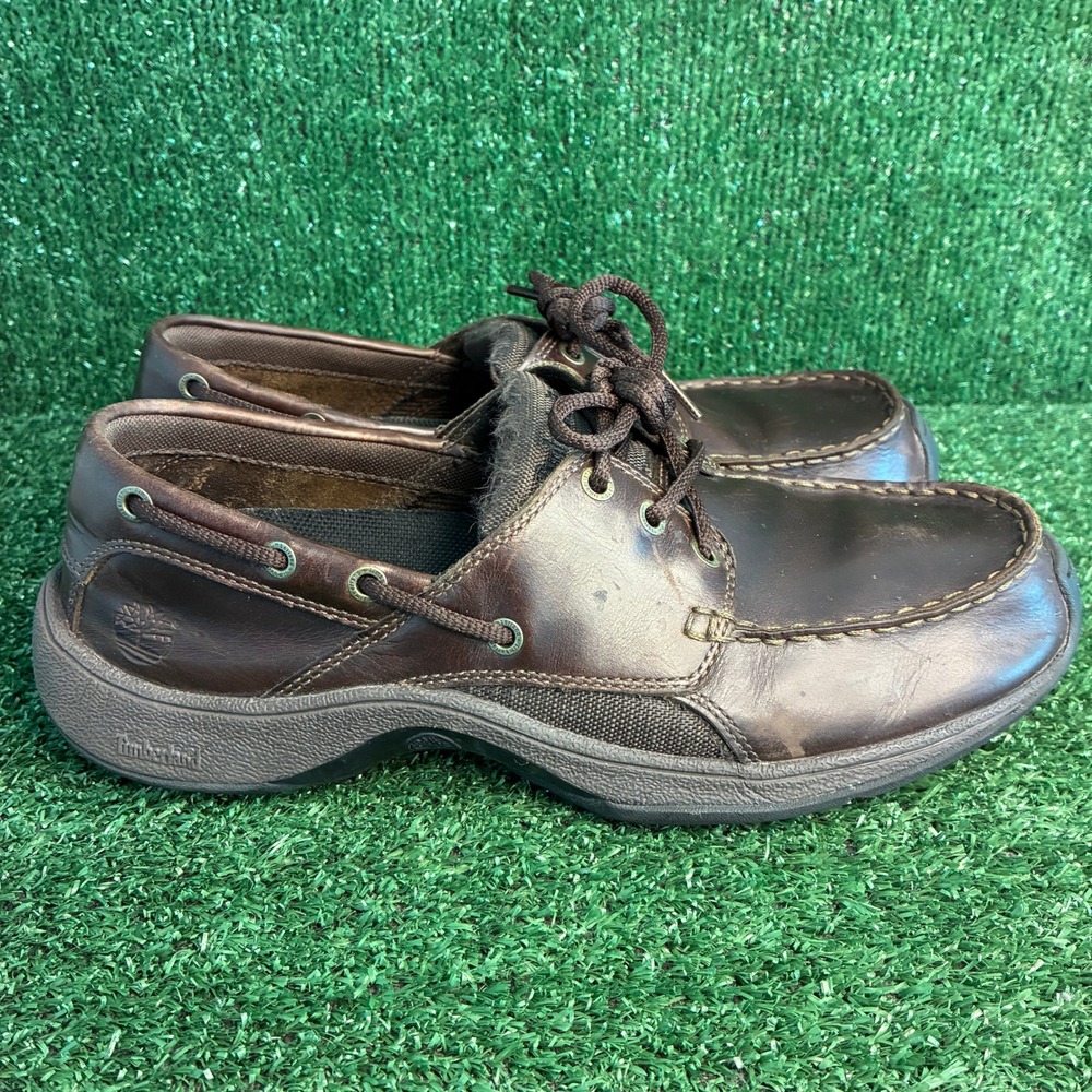 Timberland 93533 Leather Lace Up Moc Toe Casual Boat Shoes Brown Mens Size 10.5